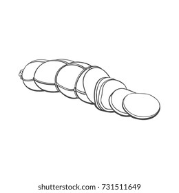vector sketch boiled sausage with slices. Cartoon isolated illustration on a white background. Sausage and meat types concept