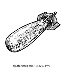 Vector sketch of a bomb on a white background. Falling atomic bomb. Aircraft bomb hand drawn.