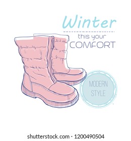 Vector sketch boots shoes for winter. Poster Retro style. Design flyer with vintage hand-drawn illustrations.