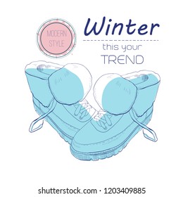 Vector sketch boots shoes for winter. Poster Retro style. Design flyer with vintage hand-drawn illustrations.