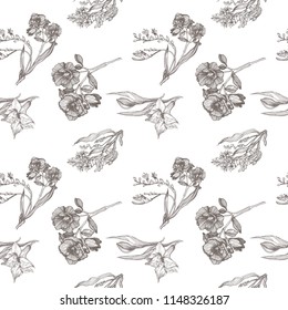 Vector sketch botanical seamless with hand drawn roses branche and flower in vintage style