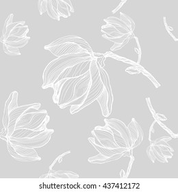 Vector sketch botanical seamless with hand drawn magnolia branche and flower in vintage style