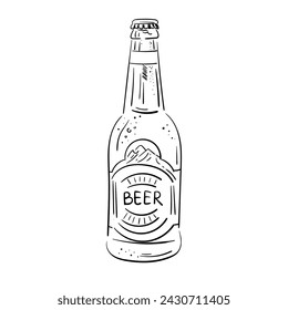 Vector sketch of bottle. Beer bottle isolated on white background. Simple line drawing. Black and white. Doodle illustration