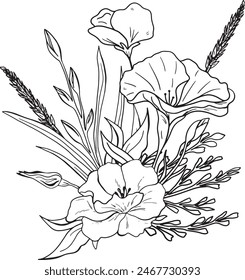 Vector sketch, calla lilies bouquet for Greeting cards, invitation, gender party, baby shower, birthday, event, holiday, wedding card, printable.