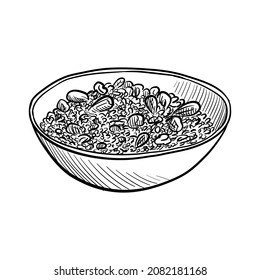 vector sketch of bowl with porridge and fruits and nuts, hand drawn illustration at white background