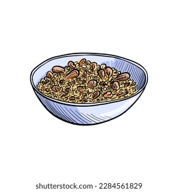 vector sketch of bowl with porridge and fruits and nuts, hand drawn illustration at white background