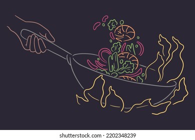 Vector sketch of Bowl-shaped frying pan over high heat. The process of cooking on fire with a taste of smoke. Wok dish with stir-fry vegetables and shrimps.