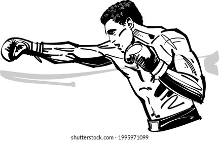 the vector sketch of the boxing fighter in the helmet