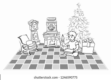 Vektorskizze des Jungen im WeihnachtsInneren. Kind sitzend in der Nähe des neuen Baumes mit Geschenken. 