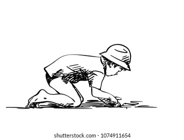 Vector sketch of boy in panama hat stands on all fours and picks with his finger in the sand, Hand drawn illustration