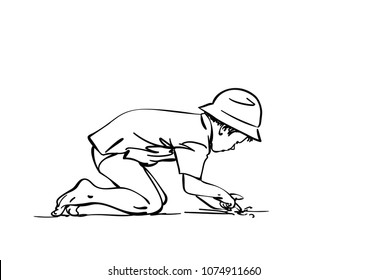 Vector sketch of boy in panama hat stands on all fours and picks with his finger in the sand, Hand drawn linear illustration