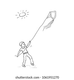 Vector sketch boy plays with paper kite. Active children teenager walk in summer on outdoor sun shining black white isolated illustration.