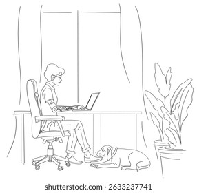 Vector Sketch of a A boy with prosthetic hand working from home on computer table
