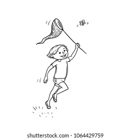 Vector sketch boy run net to catch butterflies. Active play children teenager walk in summer on outdoor sun shining black white isolated illustration.