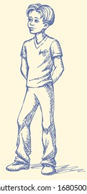 Vector sketch of a boy standing with his hands behind his back