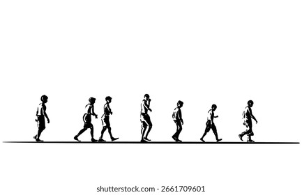 Vector sketch of boys walking in single file, black and white minimalist illustration symbolizing group movement and childhood moments