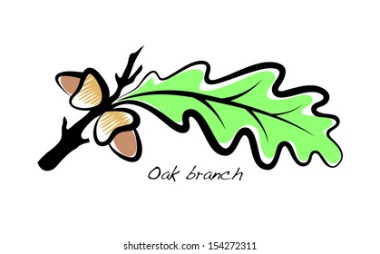 Vector sketch of branch of oak with leaf and acorns.