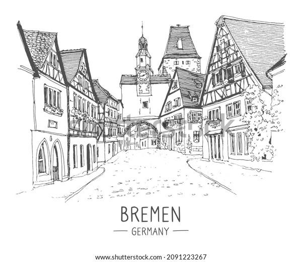 Vector sketch of Bremen, Bavaria, Germany.\
Medieval building line art. Freehand drawing. Hand drawn travel\
postcard. Hand drawing of Bremen. Urban sketch in black color\
isolated on white\
background.