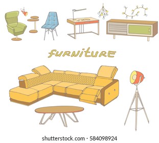vector sketch of bright set of furniture for the living room in the modern elegant style, big corner sofa, armchair , lamps,  workplace, letters furniture
