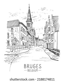 Vector sketch of Bruges, Belgium. Historical building, houses line art. Freehand drawing. Hand drawn travel postcard. Hand drawing of Bruges. Urban sketch in black color isolated on white background.