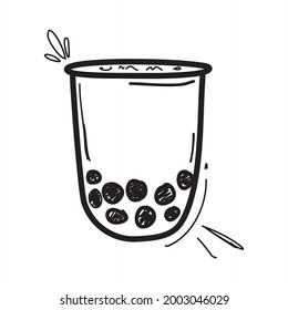 Vector sketch of bubble tea in a cup. popular drink. Hand drawn black illustration isolated on a white background. boba doodle art