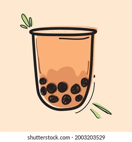 Vector sketch of bubble tea in a cup. popular drink. Hand drawn colorful illustration isolated on a white background. boba doodle art