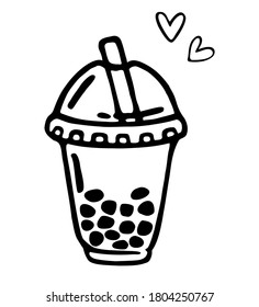 Vector sketch of bubble tea in plastic cup with straw, popular drink. Black hand drawn illustration isolated on white background