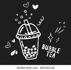 Vector sketch of bubble tea in plastic cup with straw and doodles. Hand drawn illustration isolated on dark gray background, chalk texture