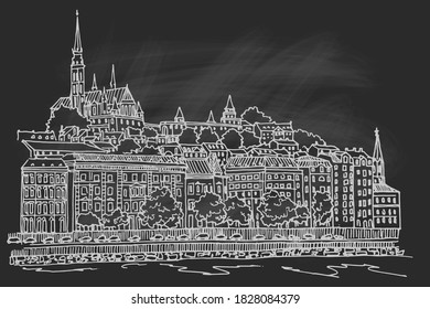 Vektorskizze Budapester Stadtbild mit Buda-Schloss und Donau-Fluss