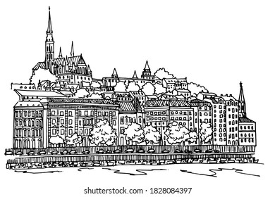 Vektorskizze Budapester Stadtbild mit Buda-Schloss und Donau-Fluss