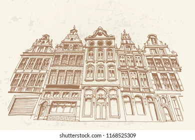 Vector sketch of  buildings surrounding  Grote Markt square in Antwerpen, Belgium.