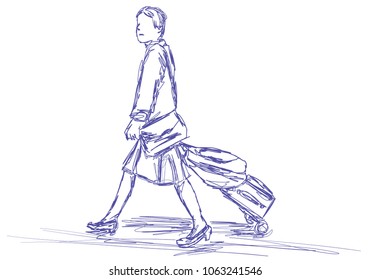 Vector sketch of businesswoman with luggage walking in railroad station