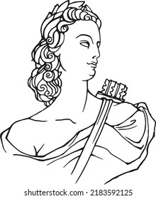 Esbozo vectorial: busto del antiguo dios de grecia Artemis. Negro lineal sobre elemento blanco para ilustración de diseño, carta, afiche sobre arte, escultura, historia.
