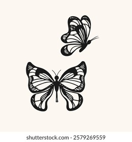 Vector sketch with Butterflies on isolated background. Hand drawn illustration with flying moth insects with wings for tattoo, icon, sign, print, card, paper. Animals, wildlife, beauty