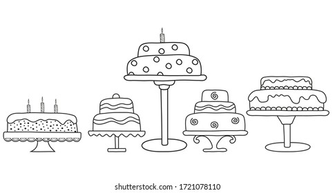 Esbozo vectorial de pasteles, líneas simples dibujadas a mano sobre un fondo blanco. pastel en línea 