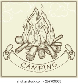 Vector Sketch Of Campfire With Vintage Ribbon