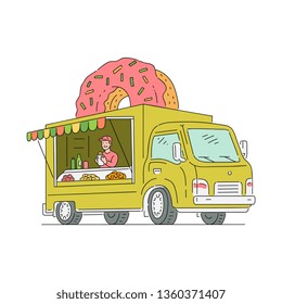 Vector sketch candy van in vintage style with big doughnut. 90s food truck, mobile sweets shop vehicle. Retro snacks delivery car. Isolated illustration