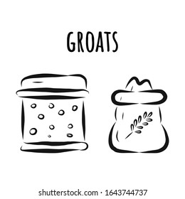 Vector sketch of cans with wheat grits and oatmeal and inscription. Hand-drawn illustration. Image for farm, store, tag, agricultural industry. isolated on a white background.