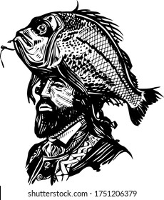 el bosquejo vectorial del capitán con peces en la cabeza en tintes vintage