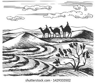 Vector sketch of the caravan. Camels are on the desert among the dunes. Silhouettes of animals on the horizon.