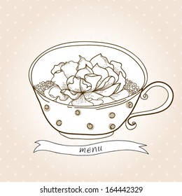 Vector sketch card with a cup of tea and peony flower.