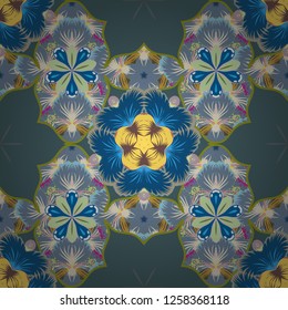 Vector sketch for cards, thank you message, printing. Vintage seamless grid for design template. Seamless pattern in Eastern style with yellow, blue and green elements.