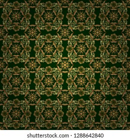 Vector sketch for cards, thank you message, printing. Seamless pattern in Eastern style with floral golden elements. Vintage seamless border and grid for design template on a green background.