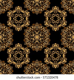 Vector sketch for cards, thank you message, printing. Vintage seamless border and grid for design template on a black background. Seamless pattern in Eastern style with floral golden elements.