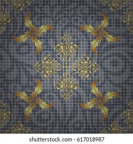 Vector sketch for cards, thank you message, printing. Vintage seamless border and grid for design template on a gray background. Seamless pattern in Eastern style with floral golden elements.