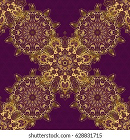 Vector sketch for cards, thank you message, printing. Vintage seamless border and grid for design template on a purple background. Seamless pattern in Eastern style with floral golden elements.