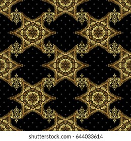 Vector sketch for cards, thank you message, printing. Vintage seamless border and grid for design template on a black background. Seamless pattern in Eastern style with floral golden elements.