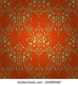 Vector sketch for cards, thank you message, printing. Vintage seamless border and grid for design template on a orange background. Seamless pattern in Eastern style with floral golden elements.