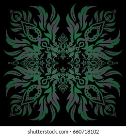 Vector sketch for cards, thank you message, printing. Vintage seamless grid for design template on a black background. Seamless pattern in Eastern style with green elements.