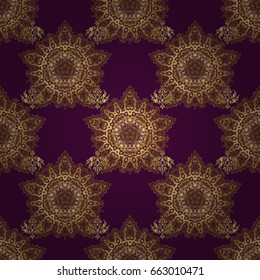 Vector sketch for cards, thank you message, printing. Vintage seamless border and grid for design template on a purple background. Seamless pattern in Eastern style with floral golden elements.